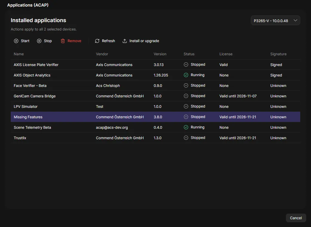 The Applications dialog with the installed applications and the package preview