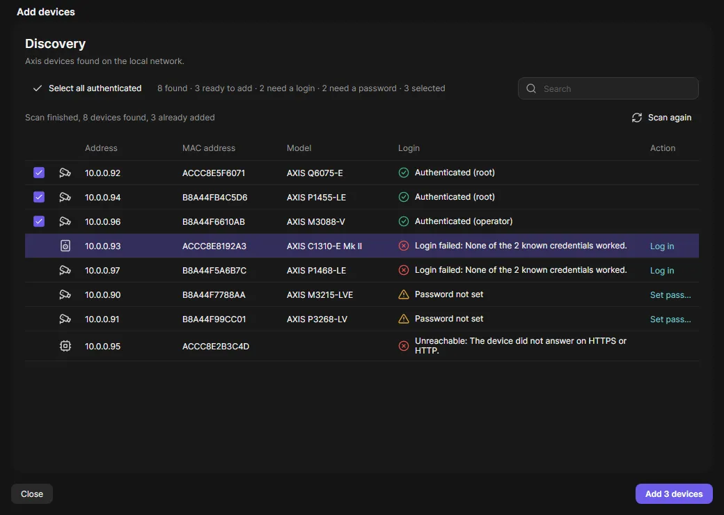 Found devices with their login result