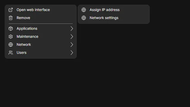 The device context menu with one submenu per task group