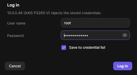 Log in dialog for devices that reject the stored password