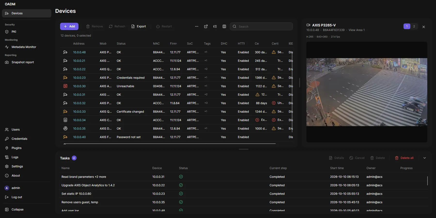 The Devices page with the live view next to the device list