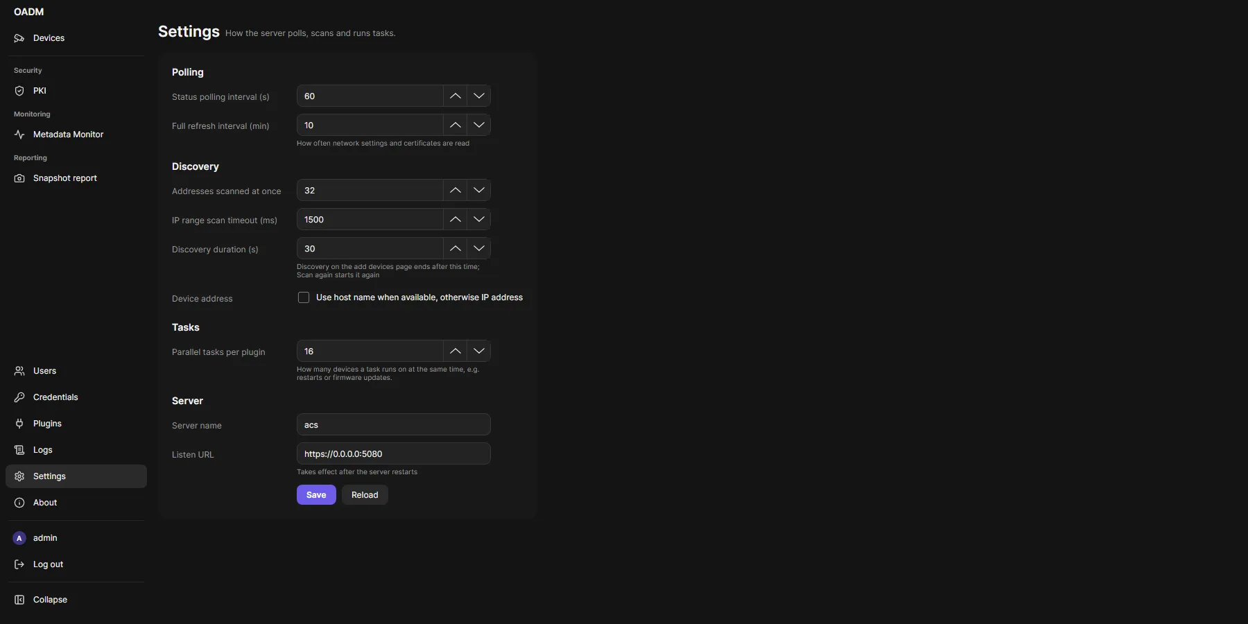 Settings page