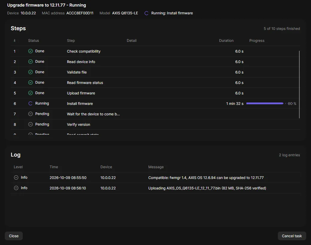 Task details with steps and log