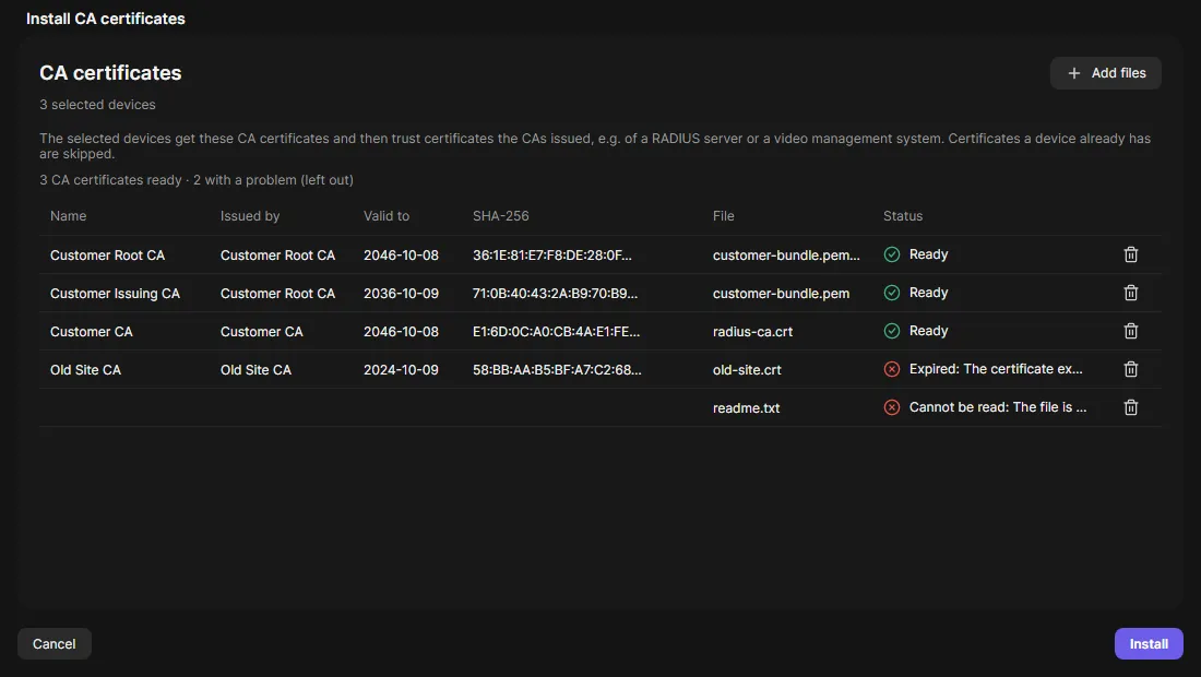 The Install CA certificates dialog with three certificates