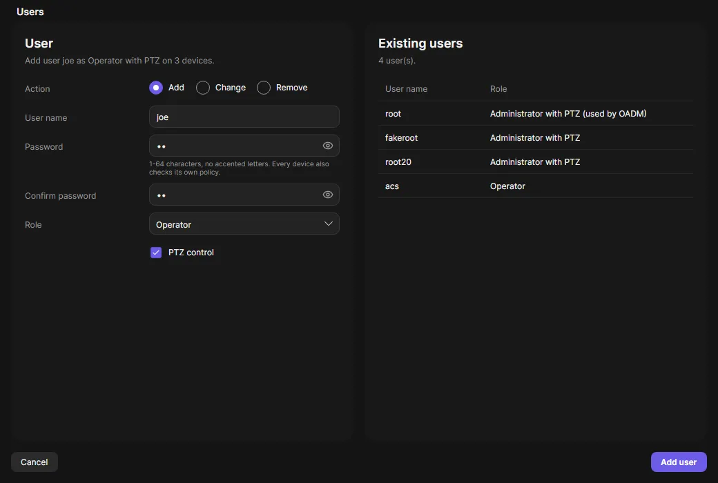 The Users dialog adding a user with role and PTZ control